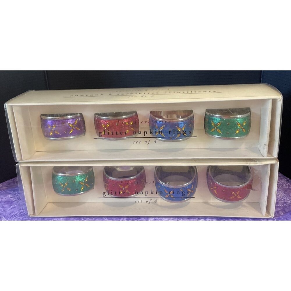 Pier 1 Glitter Jeweled Napkin Rings Boxed Blue Purple Red Green Set‎ of 8